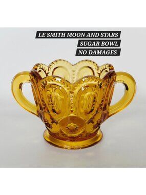 Le Smith Moon & Stars Amber Glass Sugar Bowl Scalloped, MINT